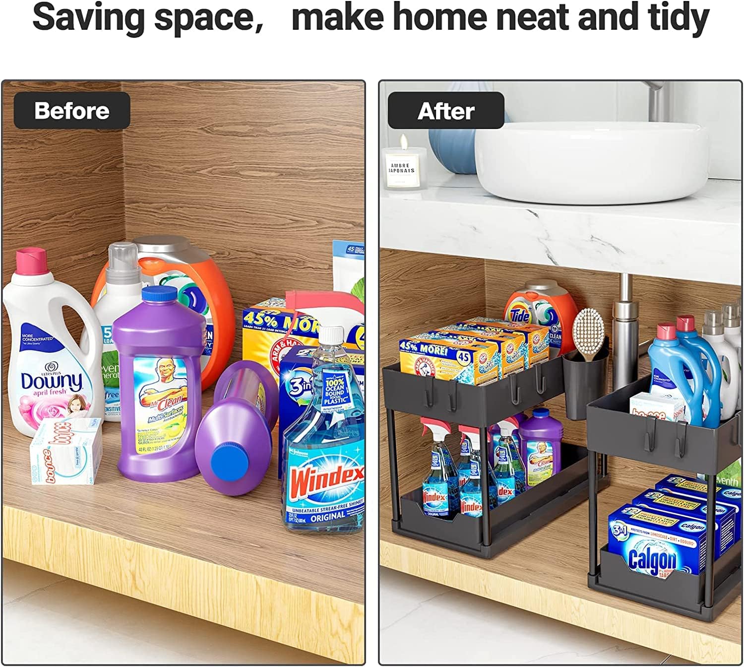 HEMOVIA Under Sink Organizer,Sliding Under Bathroom Automobiles Cabinet Storage Drawer Organizer Hanging Cup,Dividers,Handles,Mu